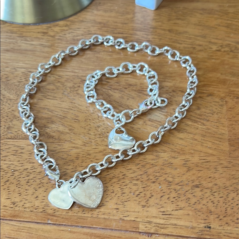 Tiffany & Co. 925 Silver Heart Charm Necklace and Bracelet Set